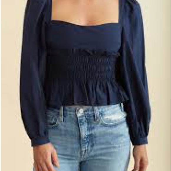 Ciao Lucia Navy Blouse with Smocked Waist - Picture 1 of 6